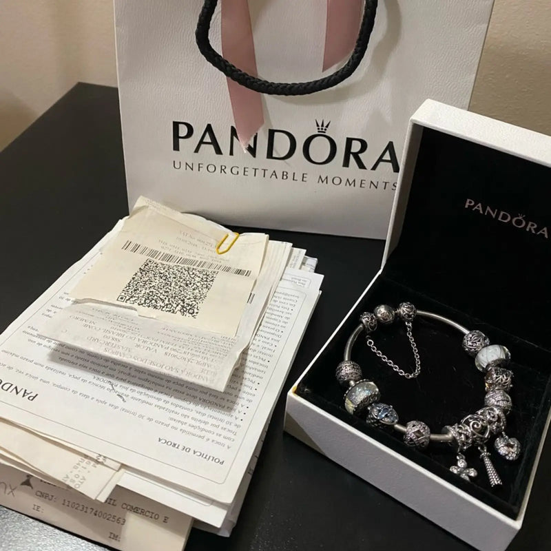 (Queima de Estoque) Pulseira Pandora Prata 925 + KIT com 14 Berloques em Prata 925 + Pega Ladrão