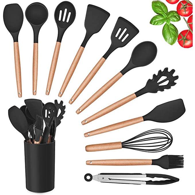 Kit 12 Utensílios de Cozinha Premium de Silicone com Cabo de Madeira