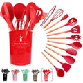 Kit 12 Utensílios de Cozinha Premium de Silicone com Cabo de Madeira