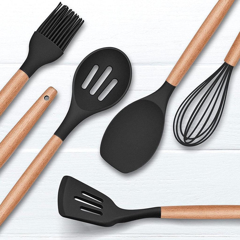 Kit 12 Utensílios de Cozinha Premium de Silicone com Cabo de Madeira