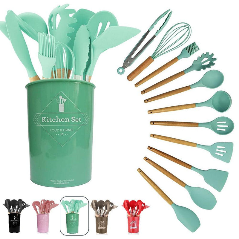 Kit 12 Utensílios de Cozinha Premium de Silicone com Cabo de Madeira