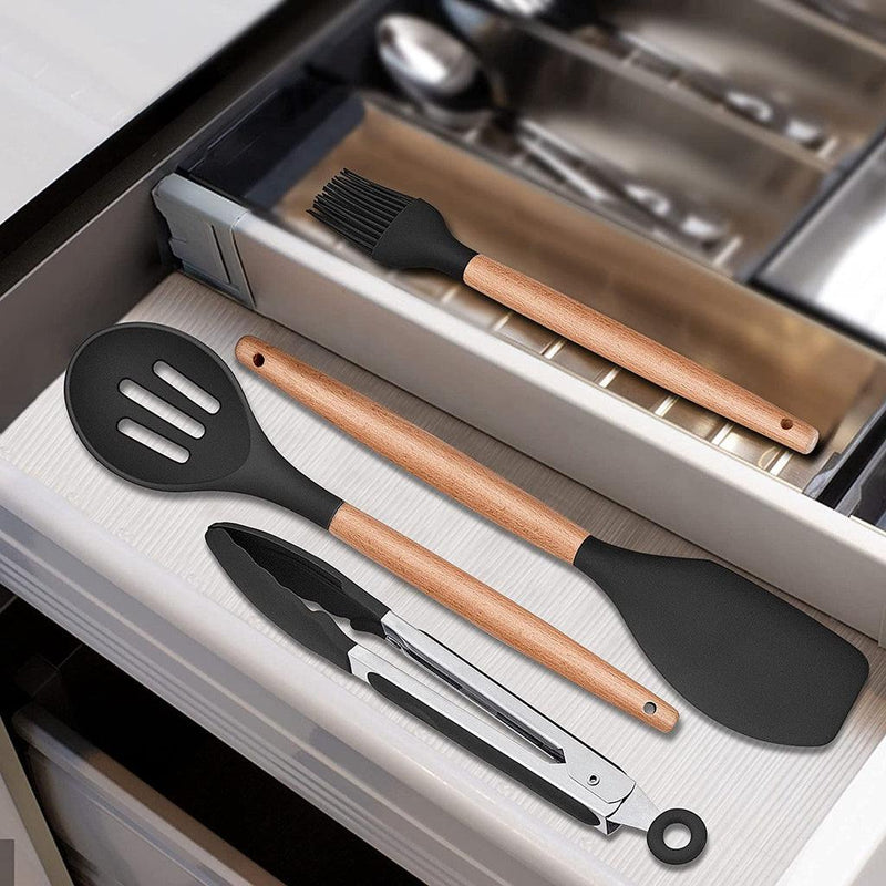 Kit 12 Utensílios de Cozinha Premium de Silicone com Cabo de Madeira