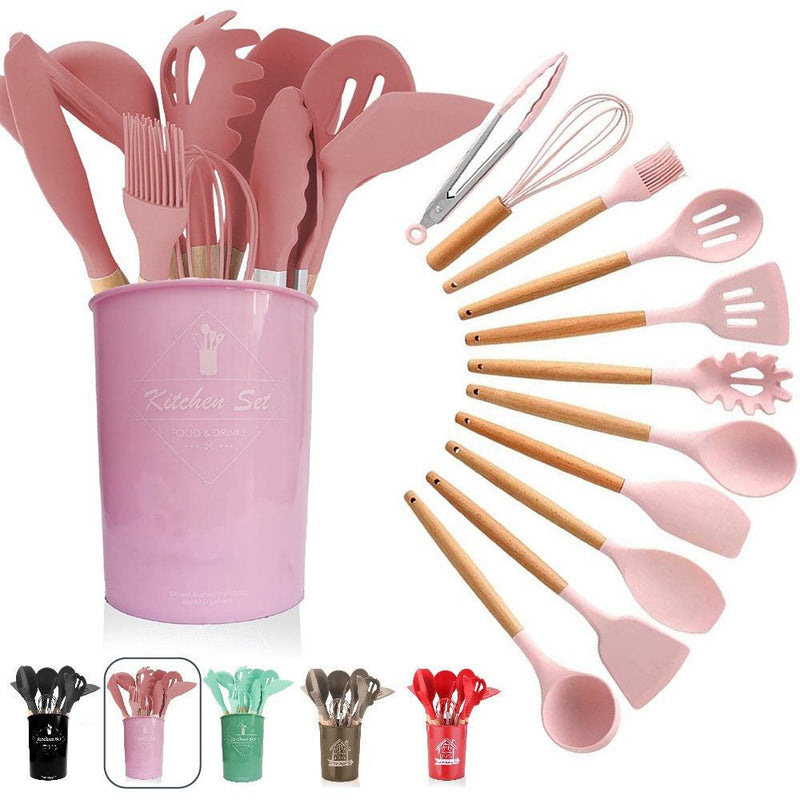 Kit 12 Utensílios de Cozinha Premium de Silicone com Cabo de Madeira