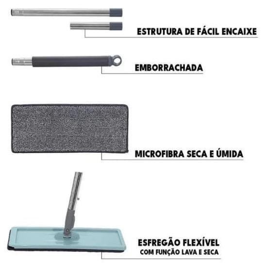 Esfregão Flat Mop Rodo Mágico Giratório Lava Seca + 1 Refil Extra